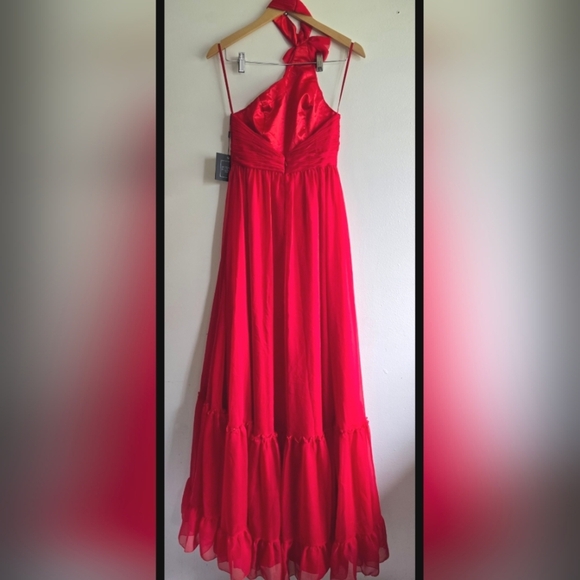 NWT! Ieena for Mac Duggal, Asymmetrical Halter Tiered A Line Gown, Red, Size 2 - Picture 7 of 13